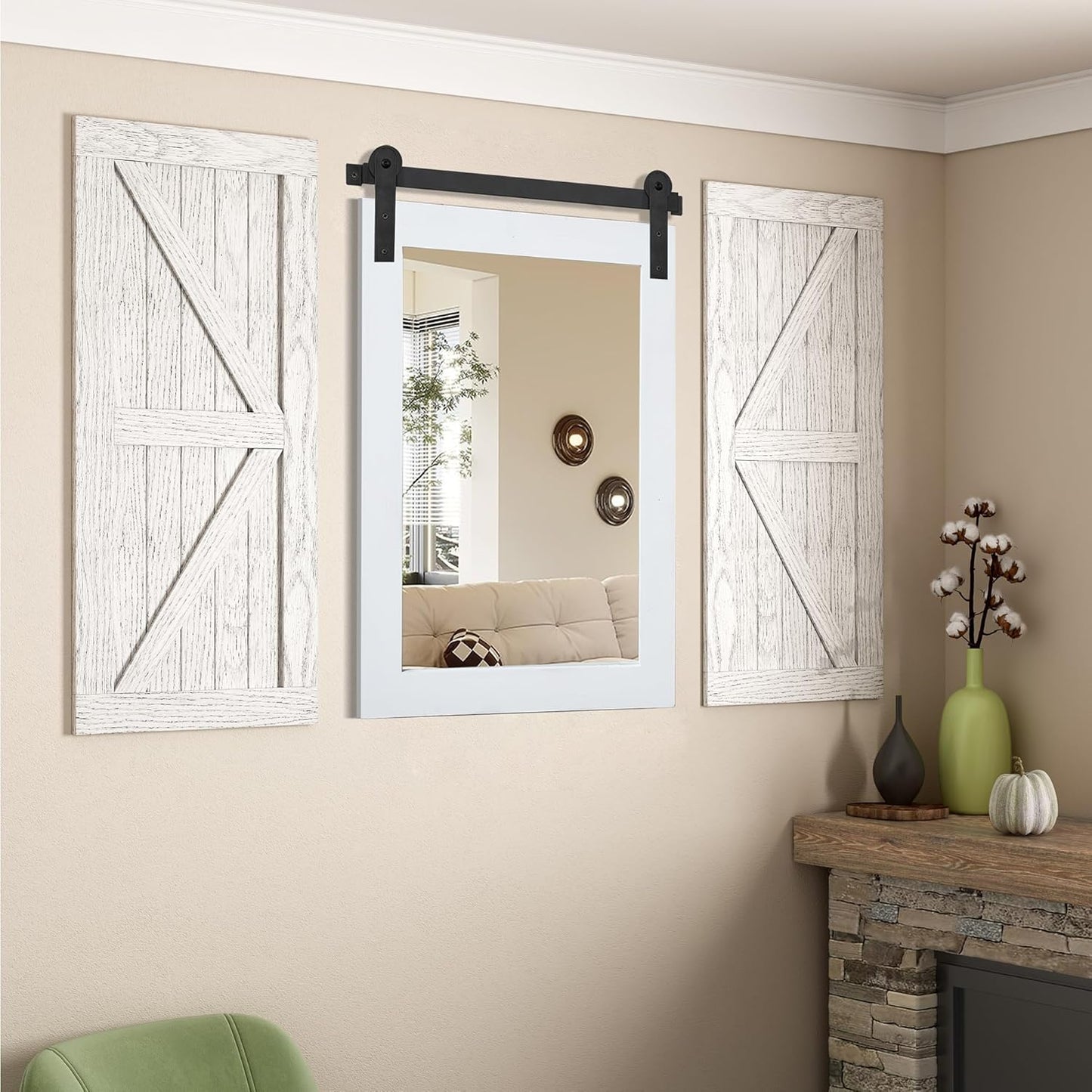 COGOOD Farmhouse Barn Door Mirror - 25 x 38 Rustic Bathroom Mirror for Living Room, Entryway, Vanity Wall Decor (Pure White)