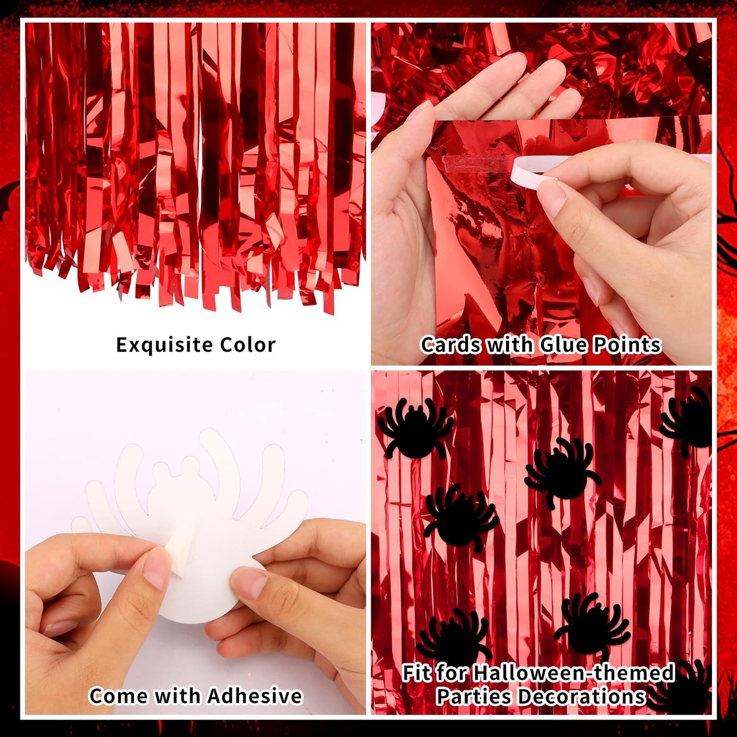 28x106 Inch Red Sequin Tablecloth for Halloween Decorations, Metallic Tinsel Foil Fringe Table Skirt, Rectangle or Round Tables Decor, Table Cover, Spider Decorations for Halloween Party