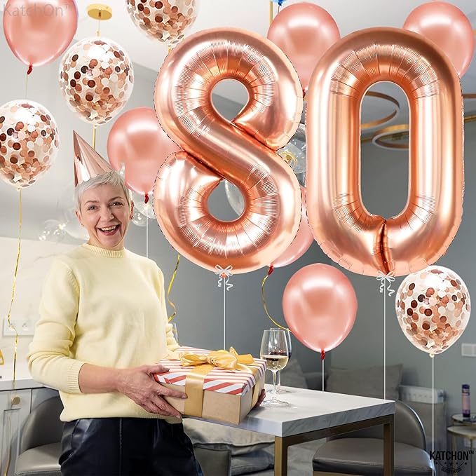KatchOn, Giant 80th Rose Gold Balloon Numbers - 40 Inch | | Rose Gold 80th Birthday Balloons Set Pack of 12 | Rose Gold for 80 Birthday Decorations for Women, 80 Happy Anniversary Decorations