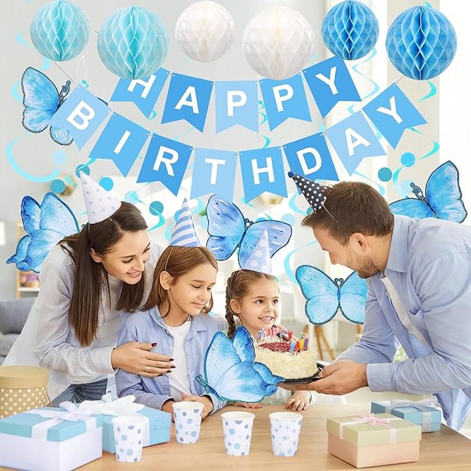 meowtastic Birthday Decorations, Happy Birthday Banner with Honeycomb Balls, Butterfly Hanging Swirl Streamers, Circle Dots Garland, Happy Birthday Party Decorations for Women Men Boys Girls (Blue)