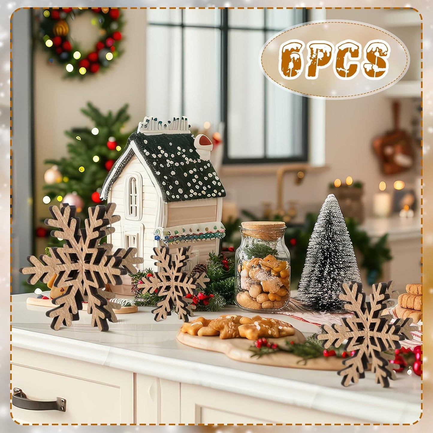 Bucherry 12 Pcs Wooden Snowflake Table Decor 3D Snowflake Tabletop Signs and Centerpiece for Christmas Winter Xmas Party Wonderland Decorations Home (Rustic Color)