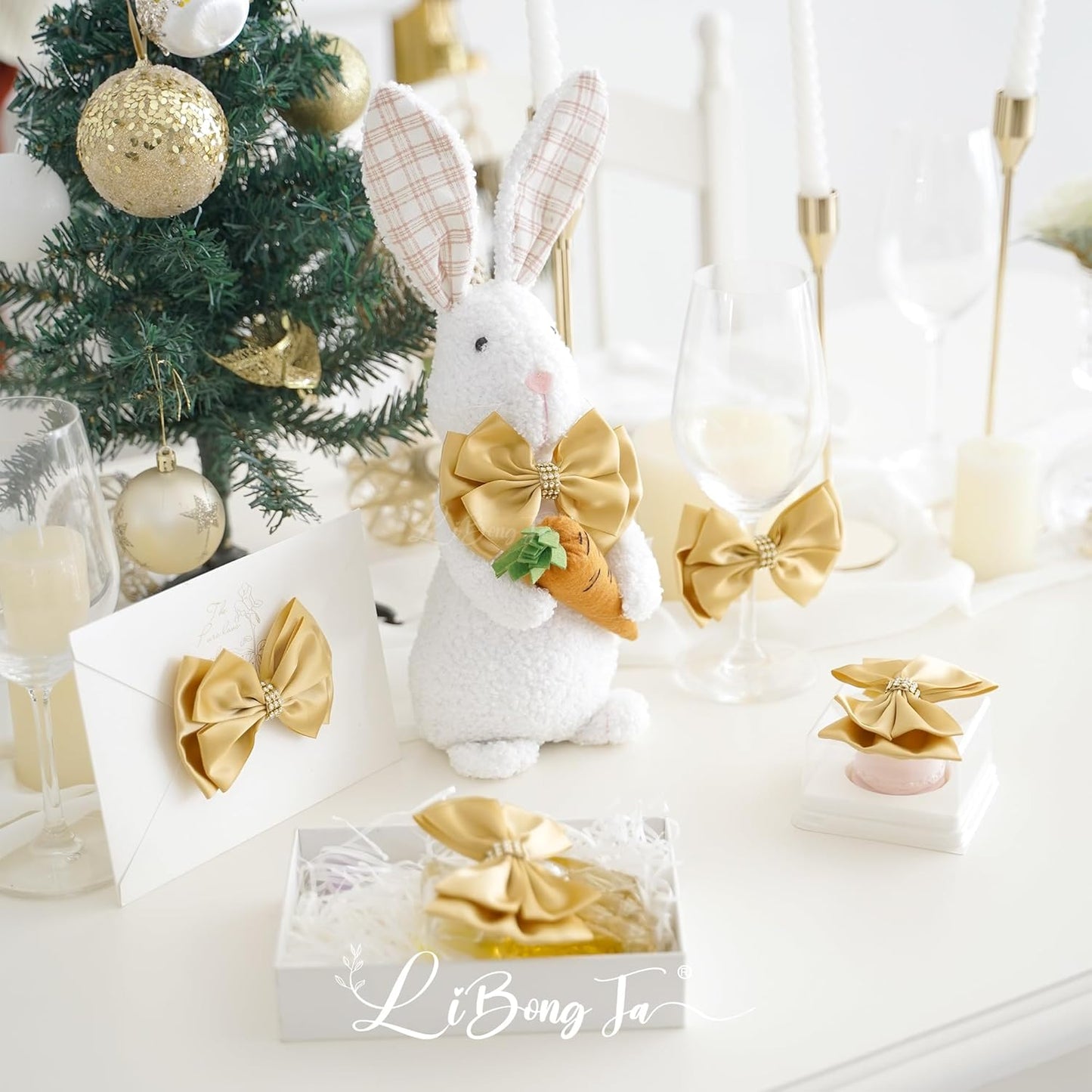 Gold Bows 4'' Premade Satin Ribbon Bow, Gift Bows with Rhinestone, Wrapping Bows for Presents, Greeting Cards, Treat Bags, Wine Bottles, Valentines Bows for Gift Wrapping-12 Counts