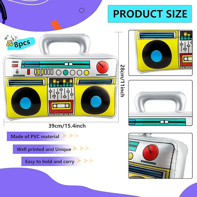8 Pcs 16.5 Inch Inflatable Boombox Large Blow Up Boom Box Novelty Inflatable Radio Boombox for 80s 90s Radio Hip Hop Party Supplies