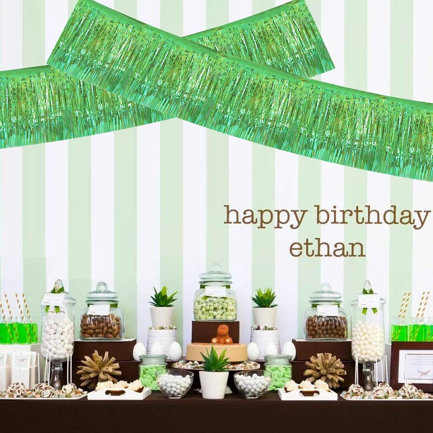 BEISHIDA 3 Packs Metallic Foil Fringe Garland Shining Green Wall Hanging Tinsel Fringe Banners for Car Floats Bridal Shower Wedding Birthday Easter Graduation Holiday Party Decoration(30 Feet)