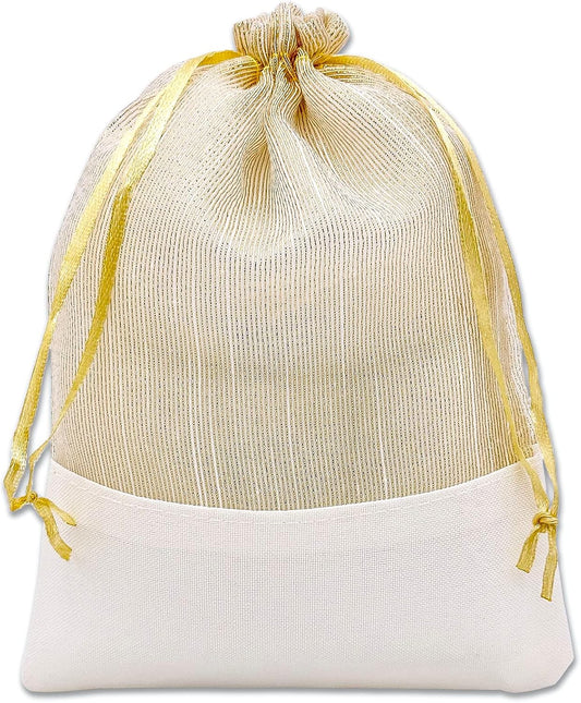 TheDisplayGuys For Your Modern Living 24-Pack Linen & Gold Organza Gift Bags with Drawstrings (Large 5 1/2 x 8) - Party Favors, Samples, Treats Mesh Pouches