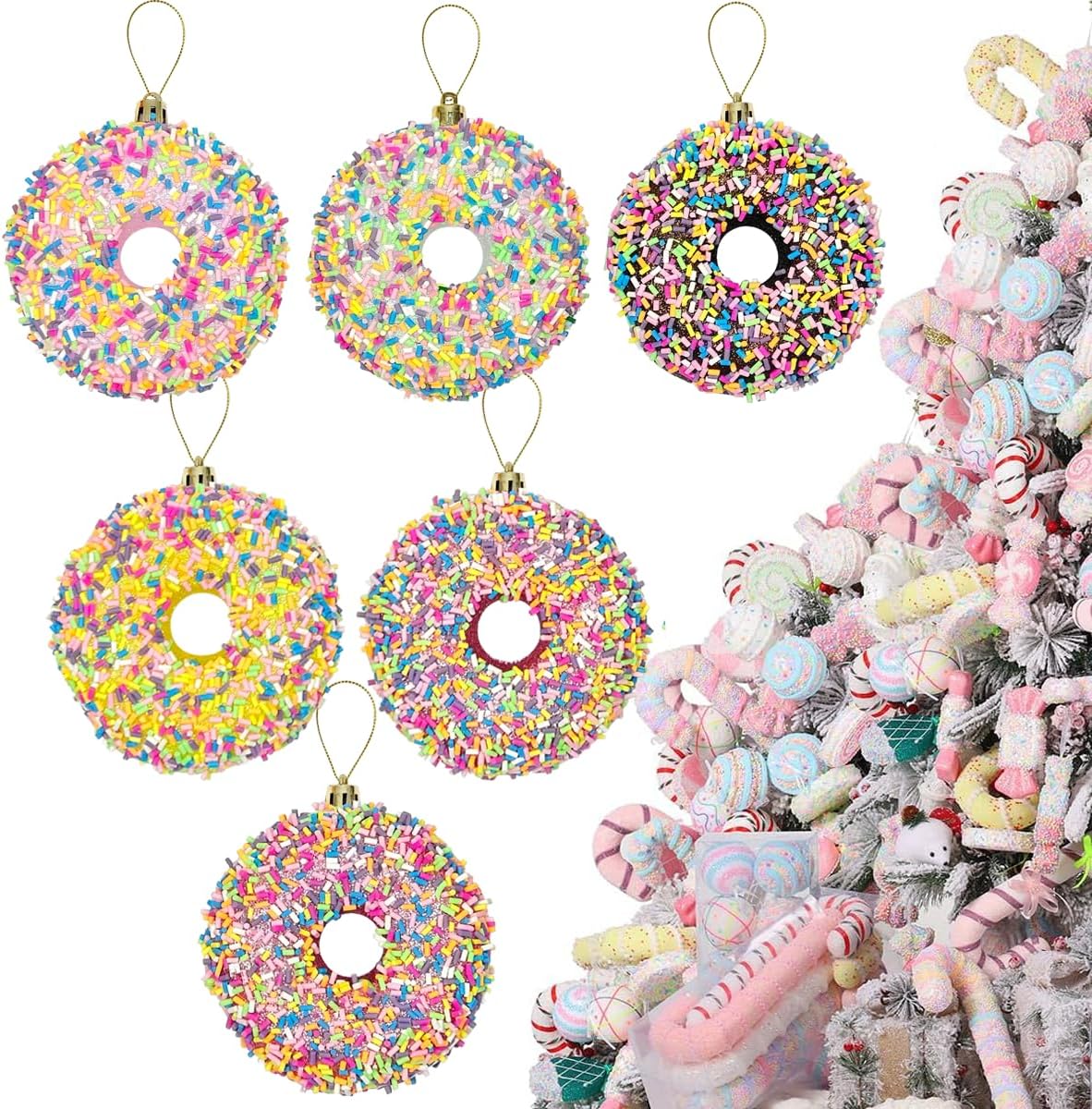 LANGXUN 6pcs Donut Candy Land 2025 Xmas Birthday Party Wedding Suppiles Decoration, Hanging Candy Cane Christmas Tree Décor, Christmas Decorative Hanging Ornaments Crafts