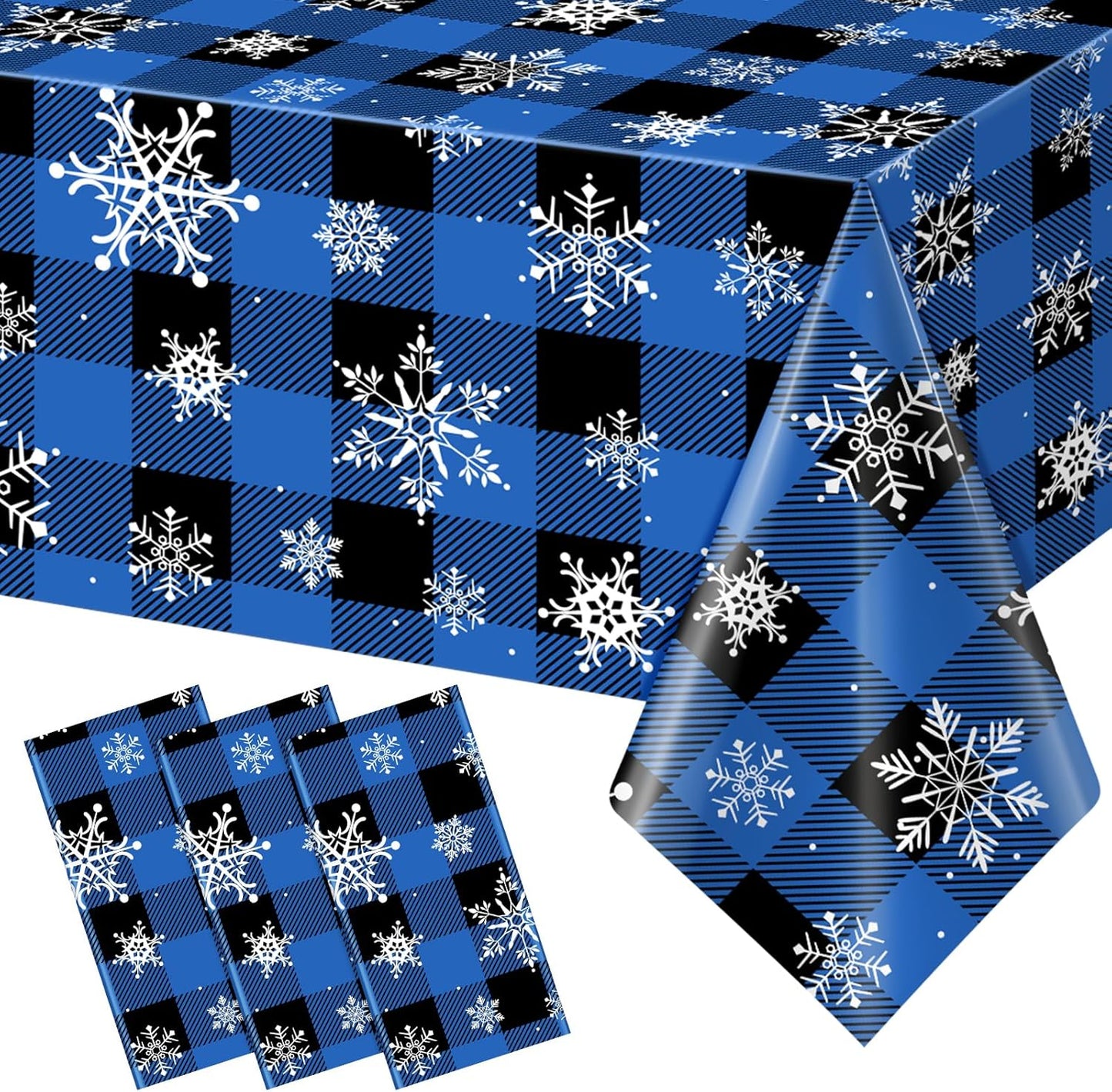 3Pcs Christmas Buffalo Plaid Snowflake Party Tablecloths Decorations,Plastic Black and Navy Blue Checkered Rectangle Table Cover for Winter Christmas Birthday Holiday Party Decorations,54x108 inch