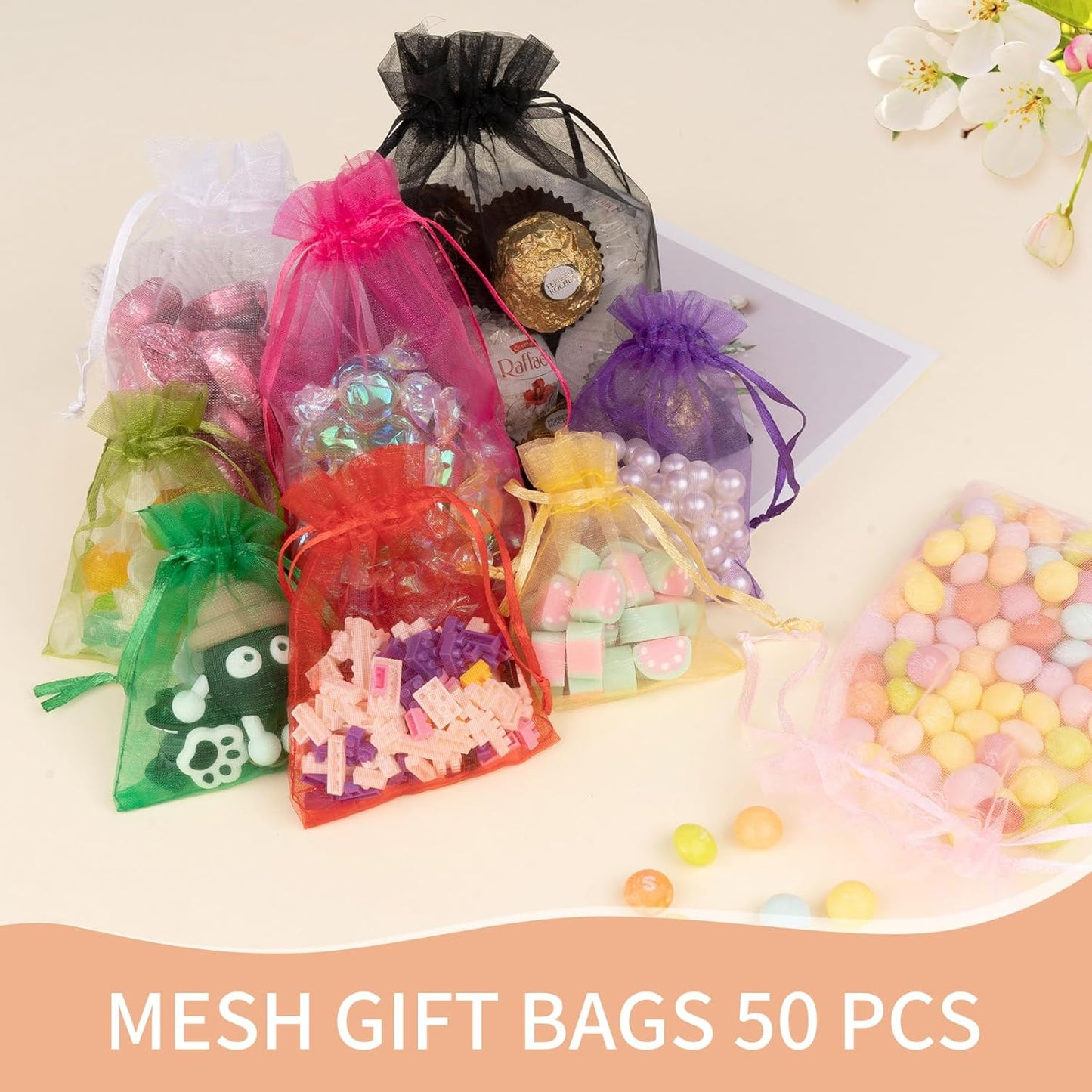 Crweety 50 Pcs Mix Color Organza Bags 6x9 Inch, Small Gift Bags Mesh Bags Drawstring Goodie Bags for Wedding Party Favor Halloween Treats Christmas
