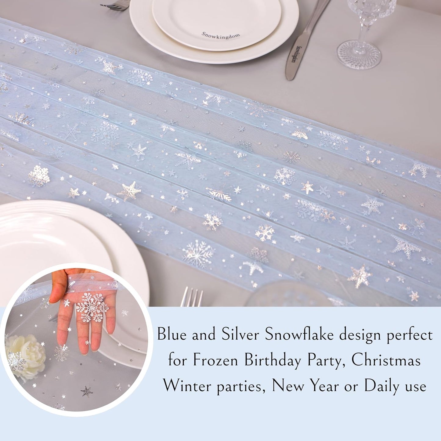 Snowkingdom Silver Snowflake Christmas Table Runner, 10ft Blue Cheesecloth Gauze Sheer Chiffon 120 Inch Winter Table Runner, Seasonal Holiday Kitchen Dining Decoration for New Year Outdoor Party Decor