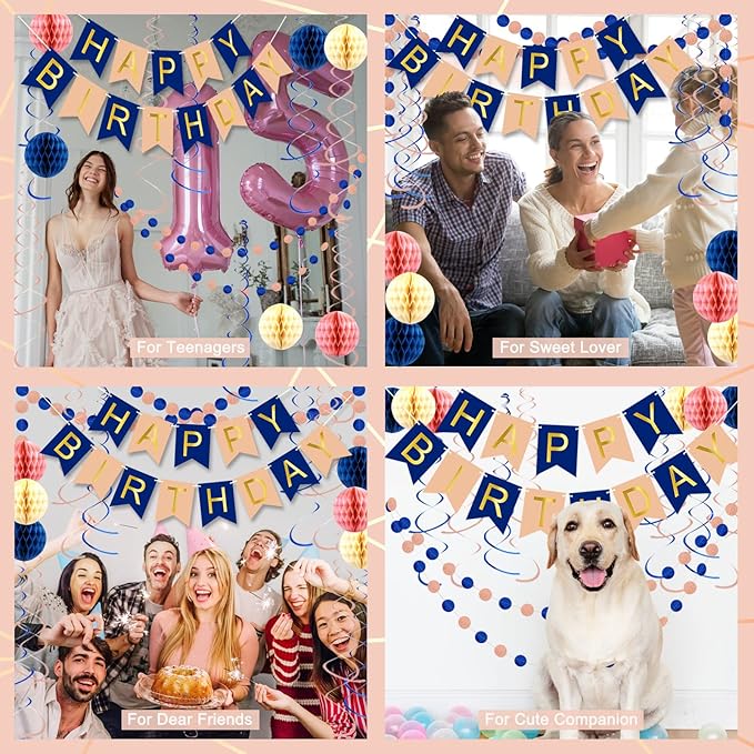 Navy Rose Gold Birthday Decorations with Happy Birthday Banner, Paper Honeycomb Balls, Circle Garland and Hanging Swirl Decorations