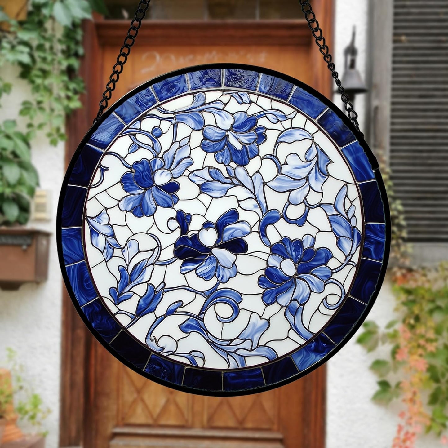 Stained Glass Window Hanging, Blue and White Abstract Flowers Sun Catcher for Door Home Decor Suncatcher Christmas Mother's Day Birthday Gifts for Women Men Mom and Nana 9.8 in