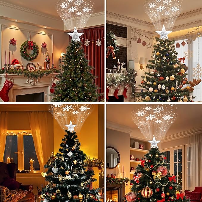 Christmas Tree Topper Star: Lighted with 6 Projected Patterns Snowflake Projector Lights-3D Hollow Glitter LED Magic Rotating Light for Christmas Tree Decorations Ornament Silver