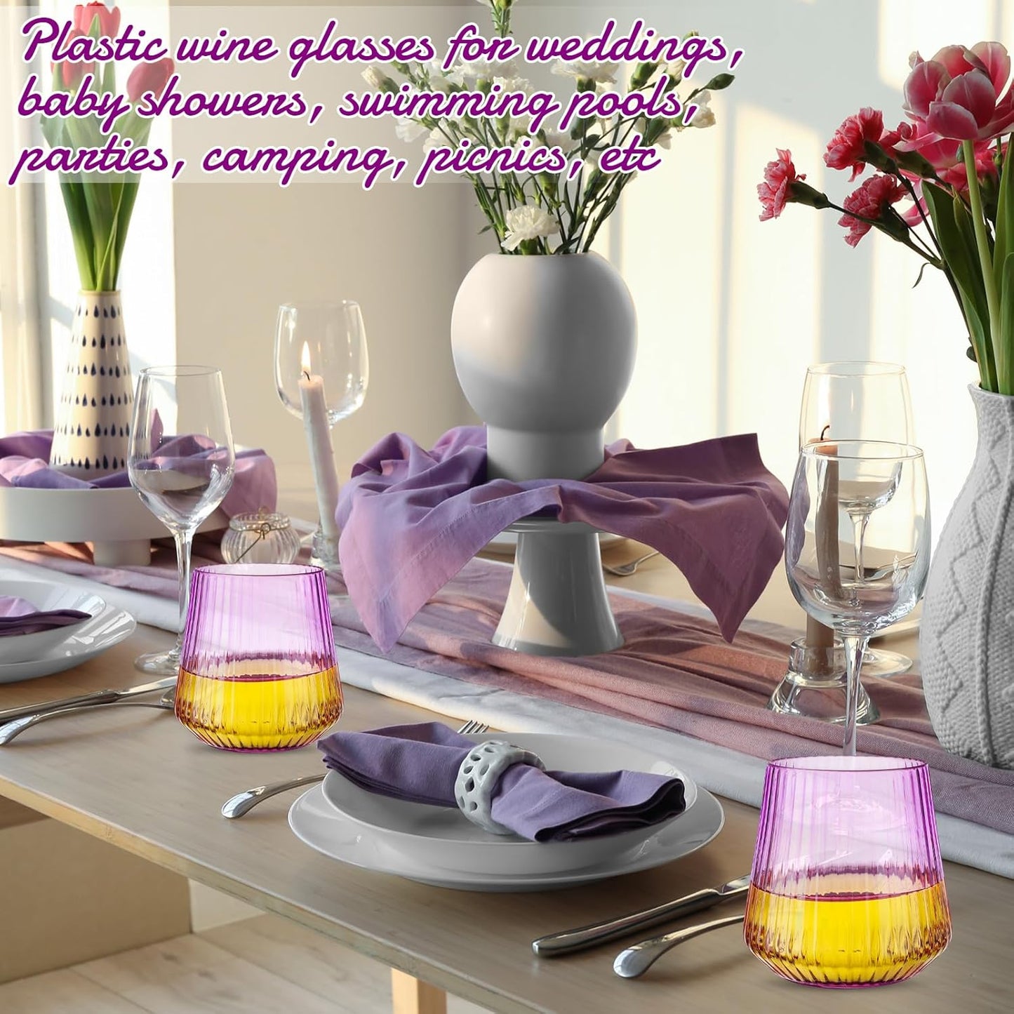 Suclain 50 Pcs Plastic Wine Glasses Ribbed Stemless Wine Glasses 14oz Vertical Design Unbreakable Cups for Outdoor Indoor Vintage Elegant Champagne Whiskey Cups for Party Wedding (Purple)