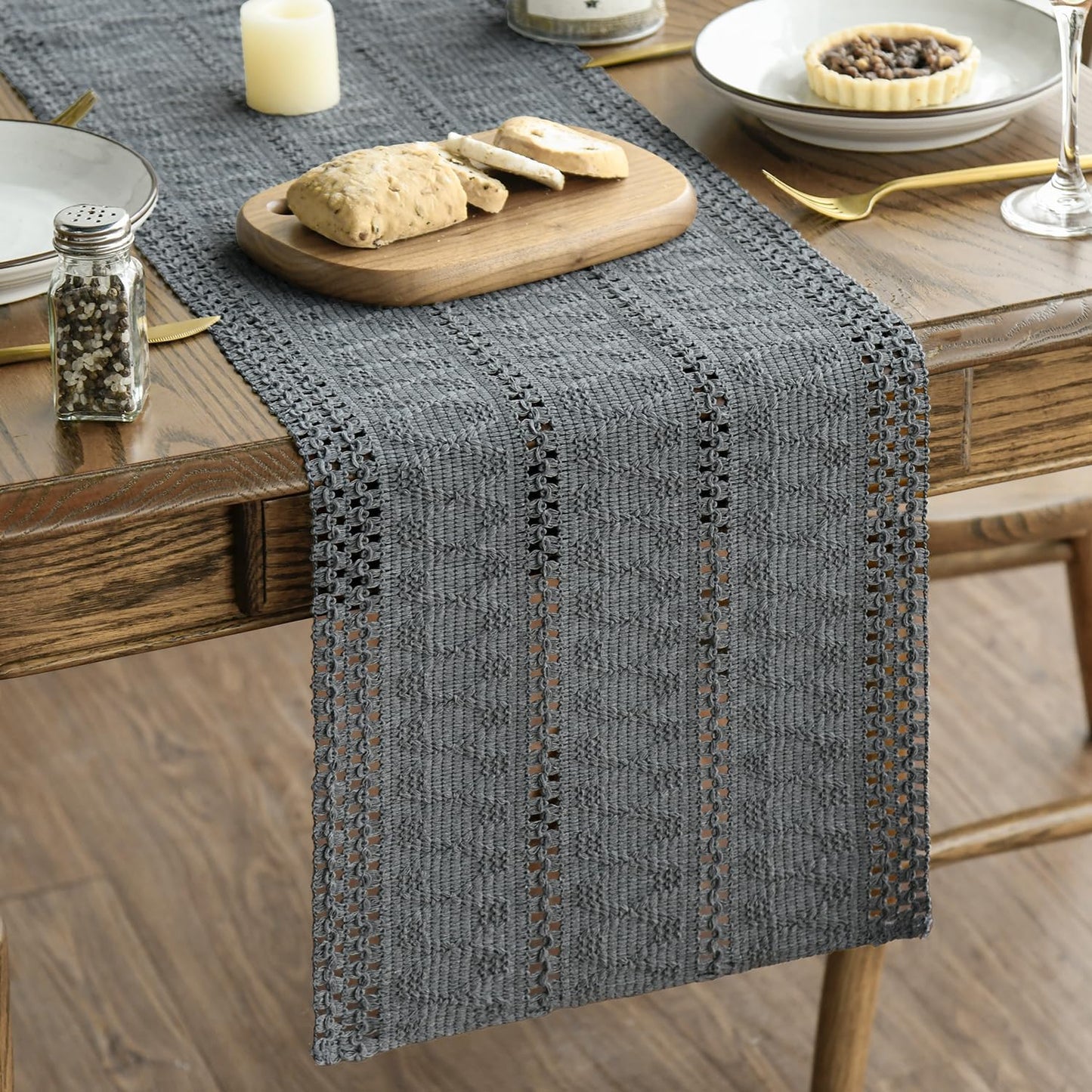 Artoid Mode Dark Grey Farmhouse Woven Rustic Hollow Table Runner, Seasonal Holiday Hollow Kitchen Dining Table Decoration for Home Party Decor 12x120 Inch