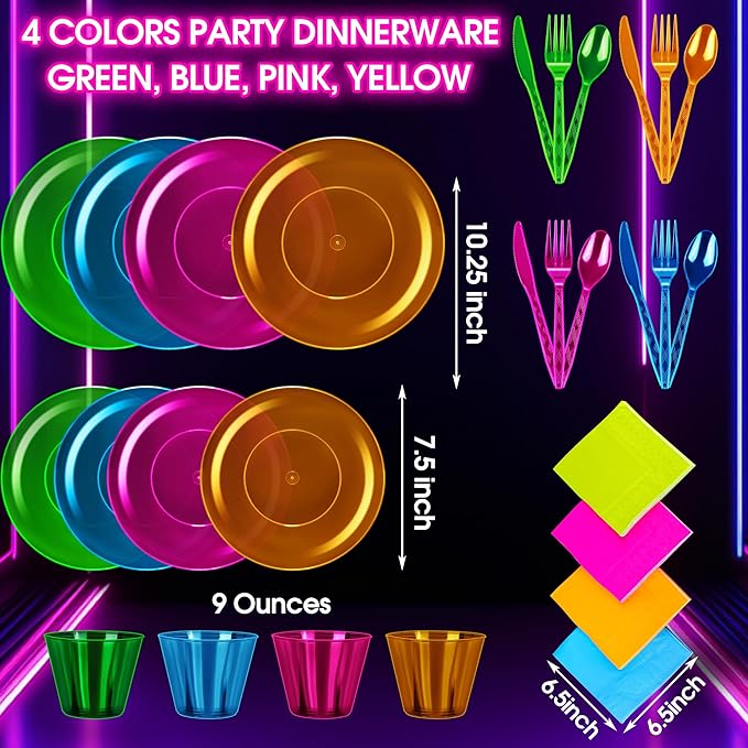 Kochorie 252 PCS Neon Party Supplies Serves 36 Including 7.5 & 10.25 In Disposable Plastic Neon Plates 9 Oz Cups Cutlery Napkins Tableware Set Dessert Cake Plates for Blacklight Party Birthday