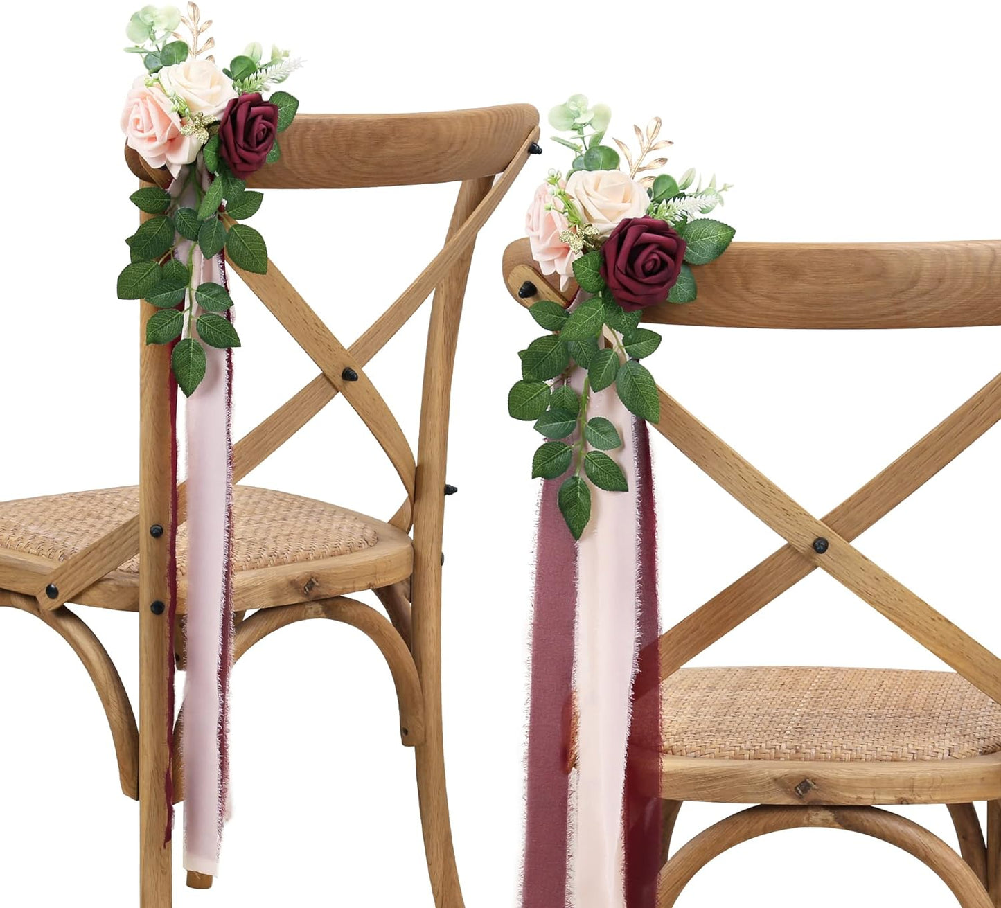 Wedding Aisle Decorations for Wedding Ceremony Set of 10 Pew Flowers for Church Chair Decorations Party Decor with Artificial Flowers Eucalyptus and Ribbons Burgundy