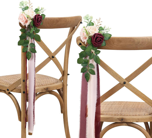Wedding Aisle Decorations for Wedding Ceremony Set of 10 Pew Flowers for Church Chair Decorations Party Decor with Artificial Flowers Eucalyptus and Ribbons Burgundy