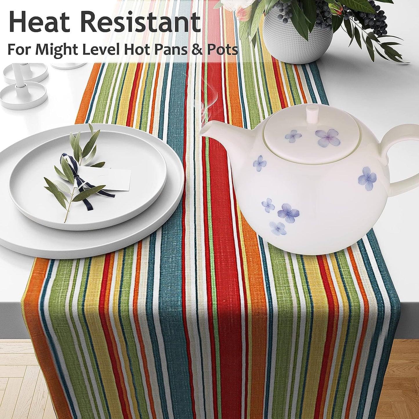 Ruvanti 100% Cotton Table Runner 120 Inches Long, Non-Slip, Stain Resistant, Washable & Reusable Table Runners Perfect for Wedding, Parties, Christmas, Holiday, in-Door use - Multi Stripe