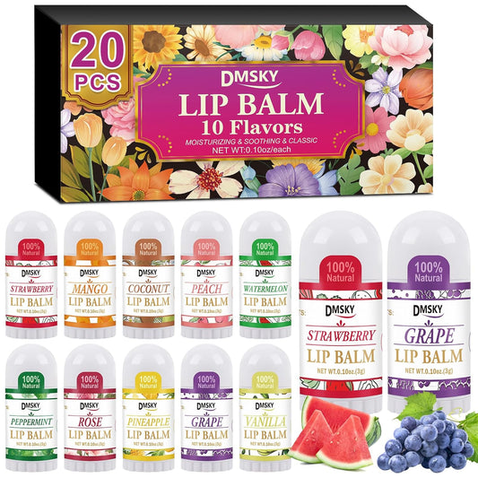 DMSKY 20 Pack Mini Lip Balm, Natural Lip Balm Bulk with Vitamin E and Coconut Oil, Moisturizing Lip Balms for Dry Cracked lips - 10 Flavors