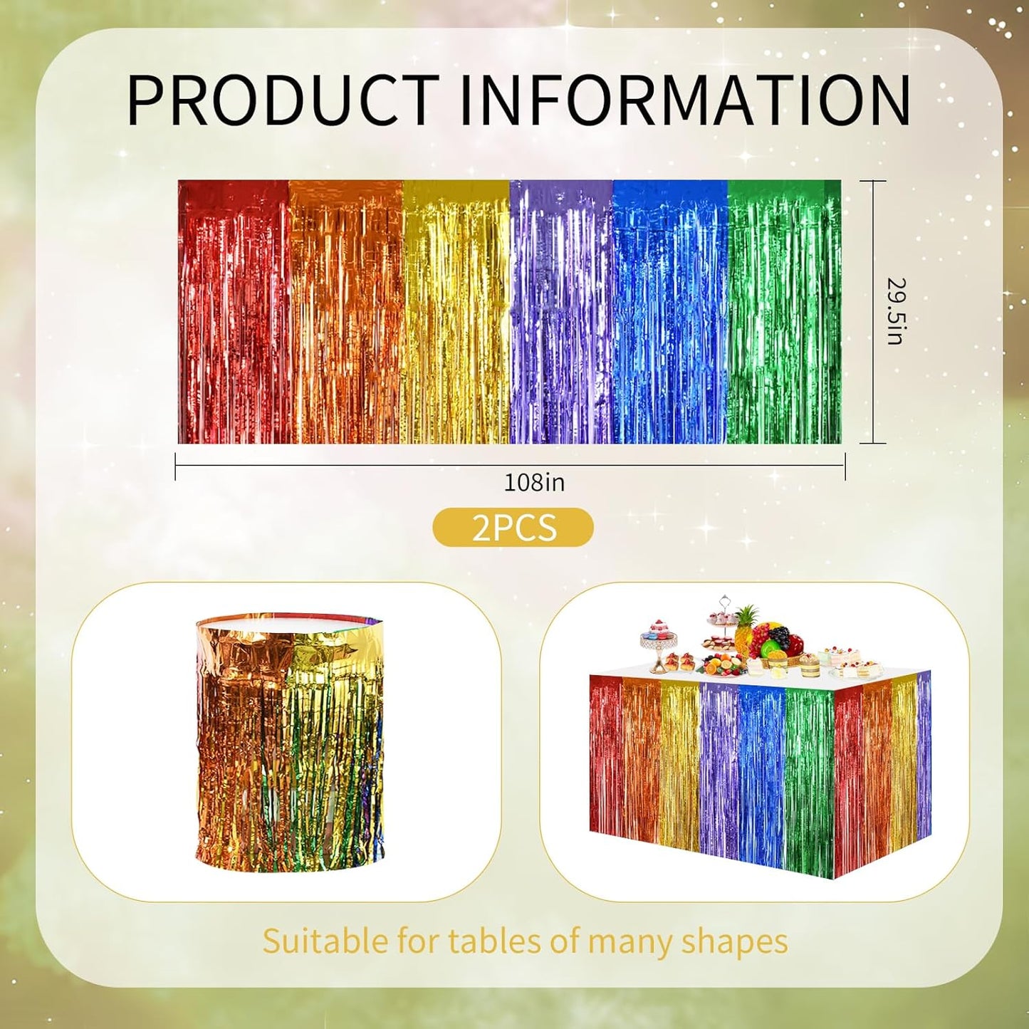 BEISHIDA 2 Pack Rainbow Metallic Tinsel Foil Fringe Table Skirts for Rectangle and Round Tables - Kids' Birthday, Baby Shower, Holiday Party Decor