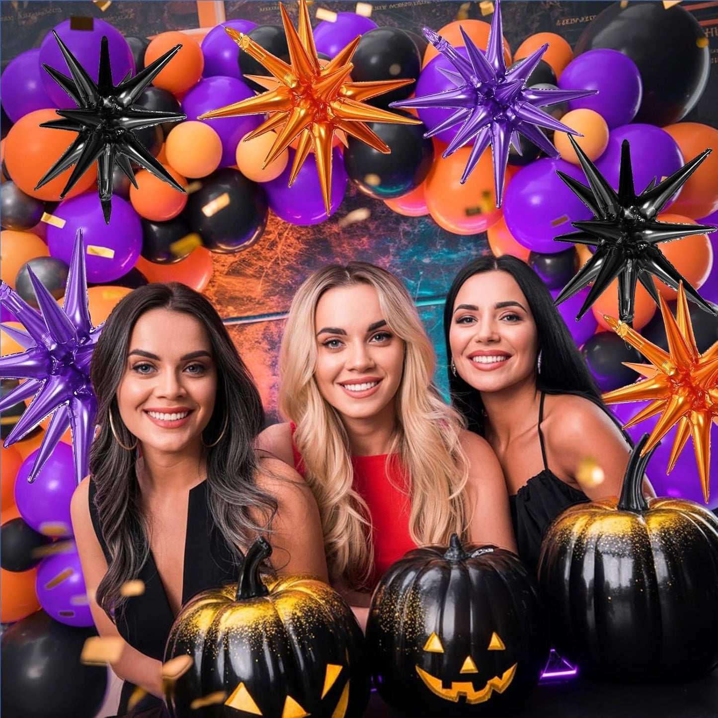 Black Purple Orange Star Balloons,9Pcs 22Inch Black Orange Purple Explosion Spike Cone Helium Polyester Film Star Foil Balloons for Halloween Birthday Baby Shower Party Decorations