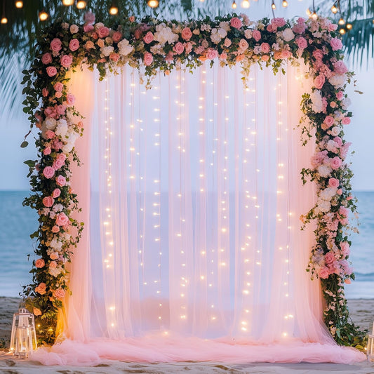 Fomcet Pink Tulle Backdrop Curtains with Lights String 10FT X 10FT Sheer Curtain with Lights Tulle Curtains Backdrop for Wedding Birthday Party Photo Shoot (2 Panels 5x10FT)