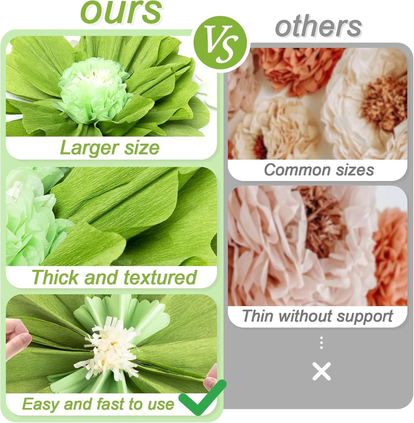 SUNBEAUTY 4 PCS 20" Sage Green Giant Paper Flowers Large Crepe Paper Tissue Flowers Artificial Decorations for Spring Summer Wall Backdrop Birthday Party Wedding Baby Shower Bridal Decorations