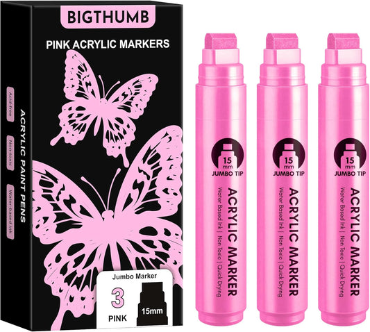 3 Pcs Pink Jumbo Permanent Markers: 15mm Wide Tip Thick Acrylic Paint Pen Large Calligraphy Marker for Rock Painting, Poster, Sign, Canvas, Glass, Wood, Ceramic