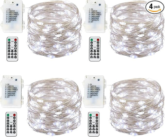 Fairy Lights Battery Operated 100 LED 33 ft Twinkle Starry Firefly LED String Lights with Timer 8 Modes Remote Waterproof for Christmas Party Bedroom Wedding 4 Pack (White)