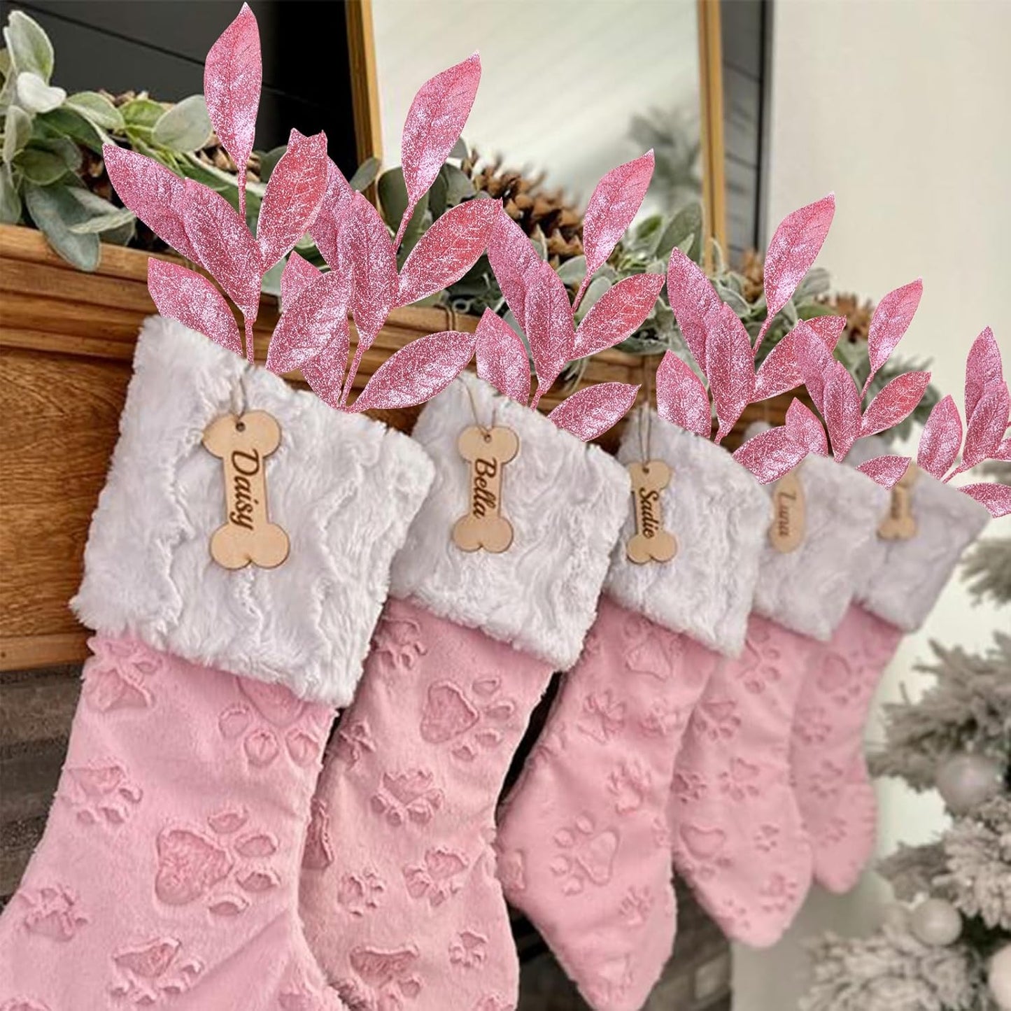 GREENTIME 12 Pack Artificial Pink Glitter Leaves 13" Fake Christmas Picks Decorative Glitter Sticks for Vase Christmas Tree DIY Wreath Crafts Fireplace Decor