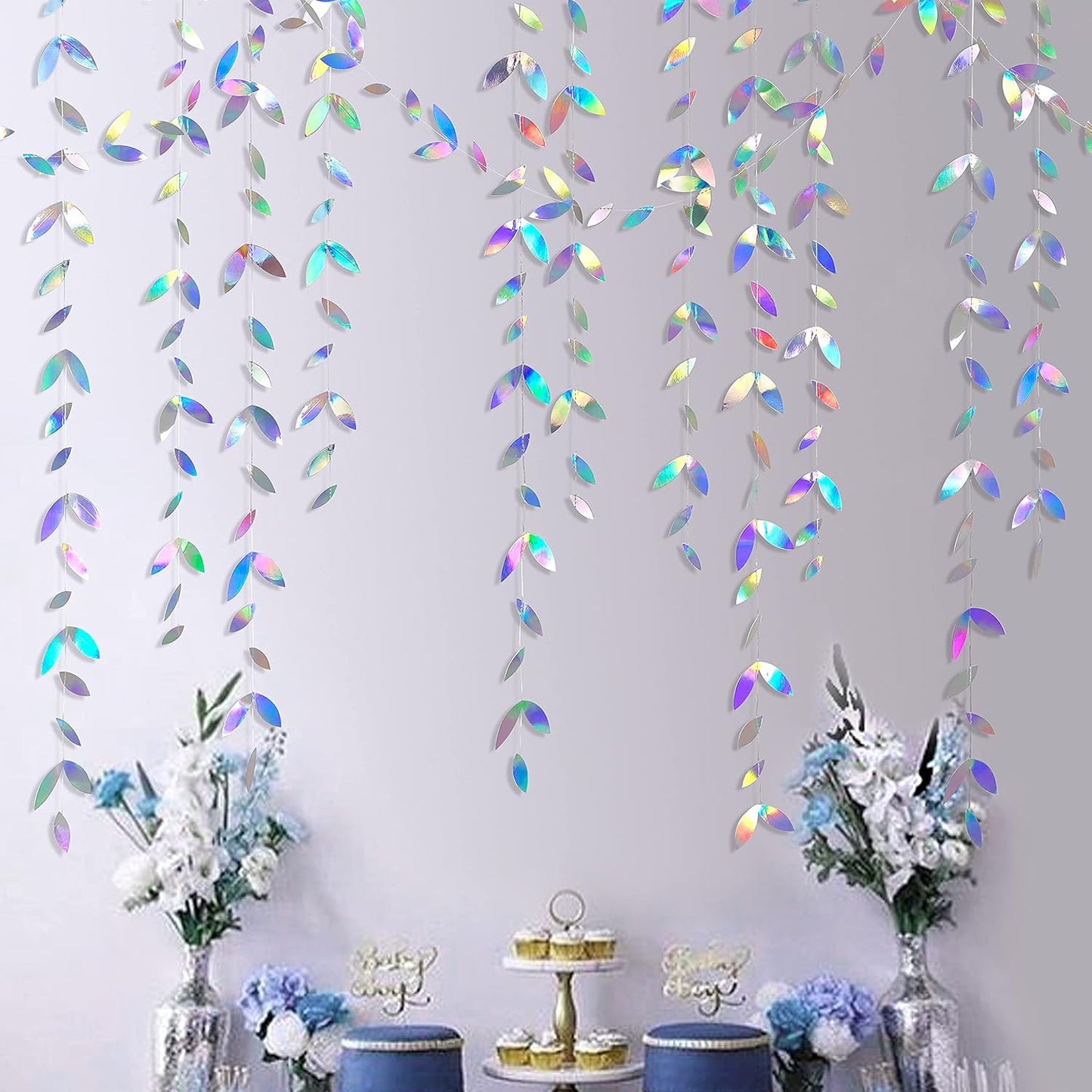 52Ft Iridescent Leaf Garland Holographic Paper Colorful Hanging Leaves Streamer Banner for Birthday Baby Shower Wedding Engagement Bridal Shower Bachelorette Holiday Euphoria Party Decoration Supplies