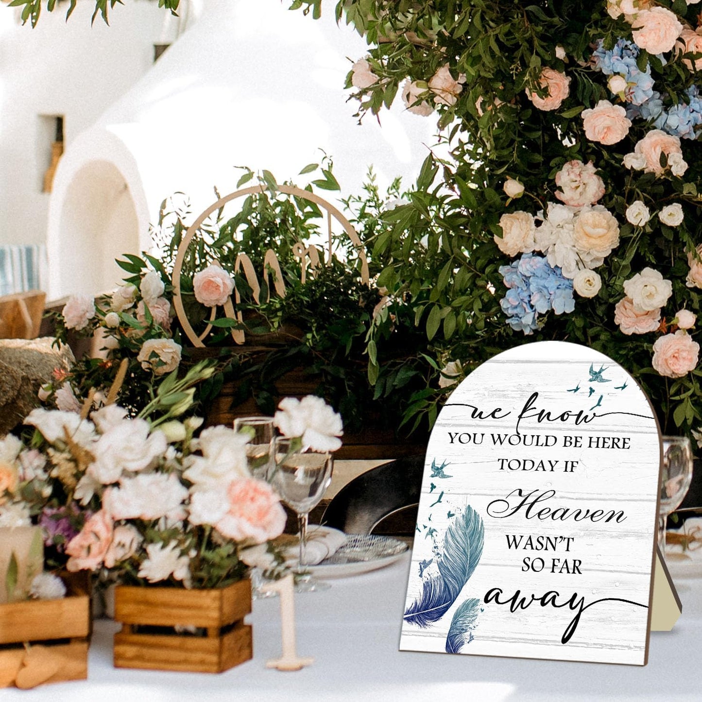 Memorial Table Sign for Wedding, We Know You Would Be Here Today Wooden Sign with Stand, Feather Decoration Wedding Loving Memory Sign for Ceremony and Reception 9 * 11IN