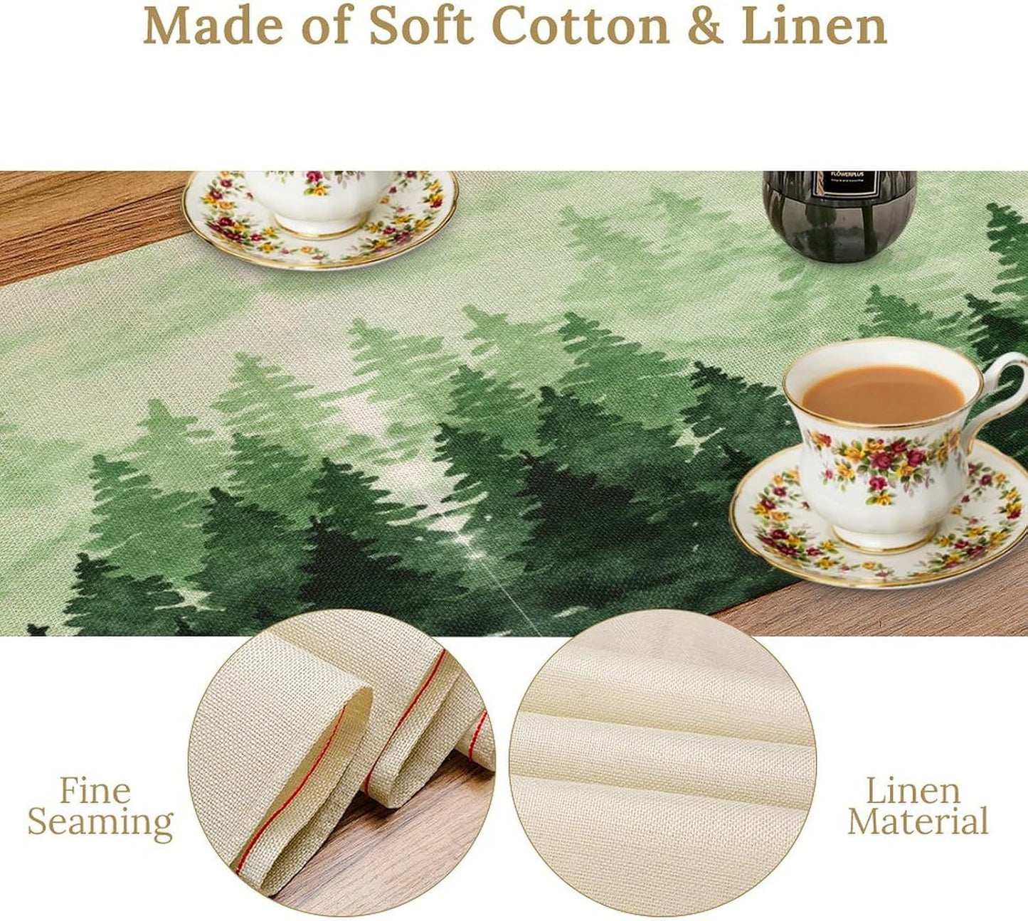 Foggy Forest Table Runner,Watercolor Wreen Misty Forest Landscape Table Runner for Kitchen Dining Table Home Party Decoration 13x108 Inch