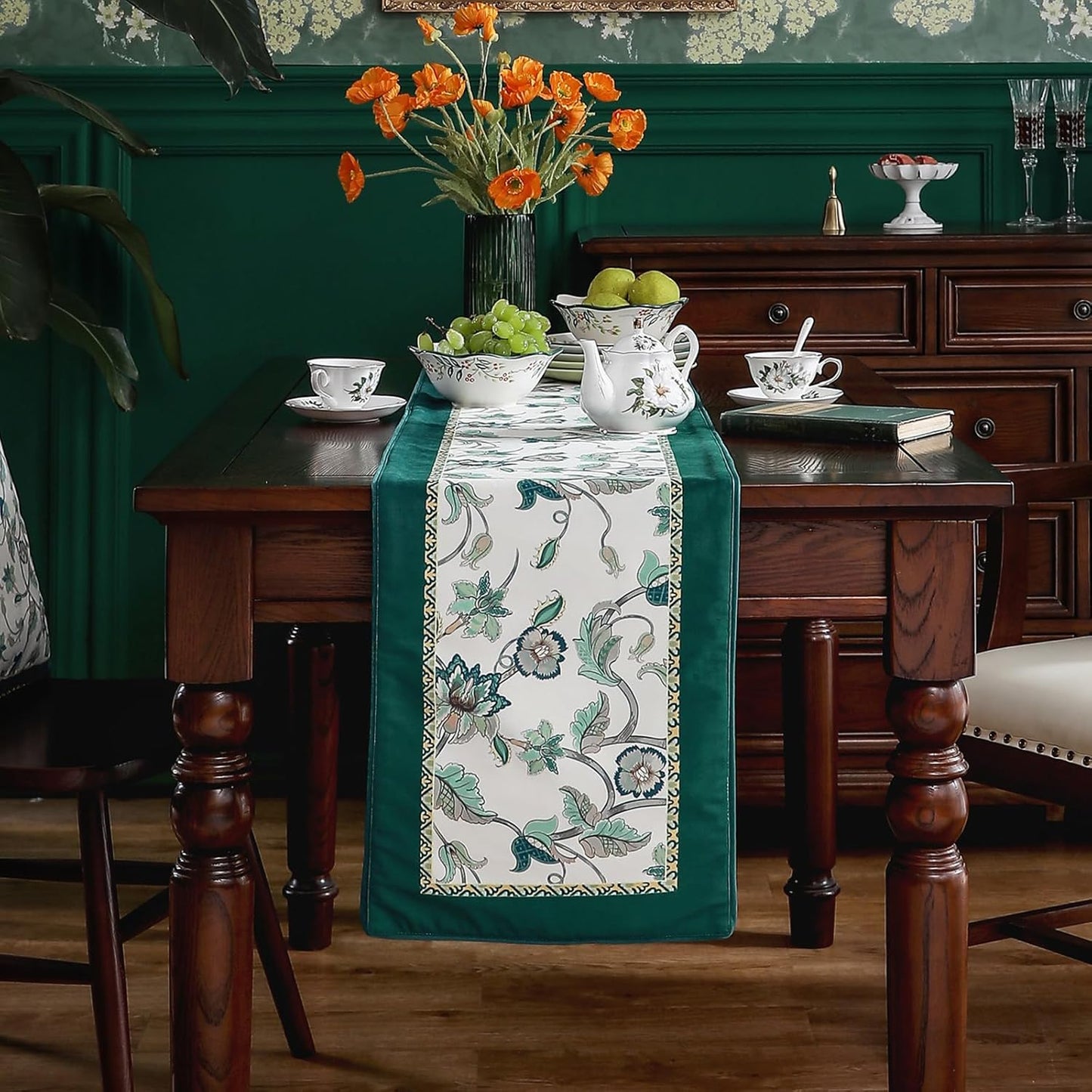 patdrea Designer Elegant French Floral Velvet Table Runner, Teal with Blossoms Pattern Table Mat, Decoration for Kitchen Dining Coffee Table Shelf Cabinet Banquet Thanksgiving,12"*71"