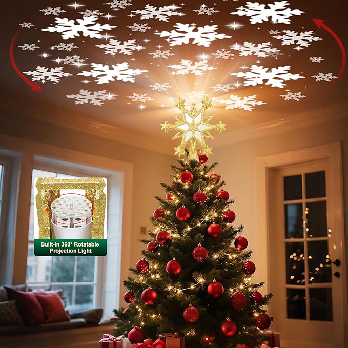 Christmas Star Tree Topper Lighted with 6 Projection Modes, 12-Pointed Star Christmas Tree Topper with Built-in LED Rotating Lights, Gold Christmas Tree Ornament for Xmas Holiday Decorations