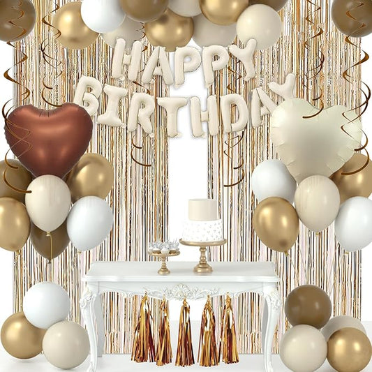 Brown White Gold Birthday Decorations, Rustic Neutral Happy Birthday Party Decorations with Bday Latex Balloons/Heart Foil Balloons/HB Banner/Swirls/Tassels/Curtains for Men Women Kids