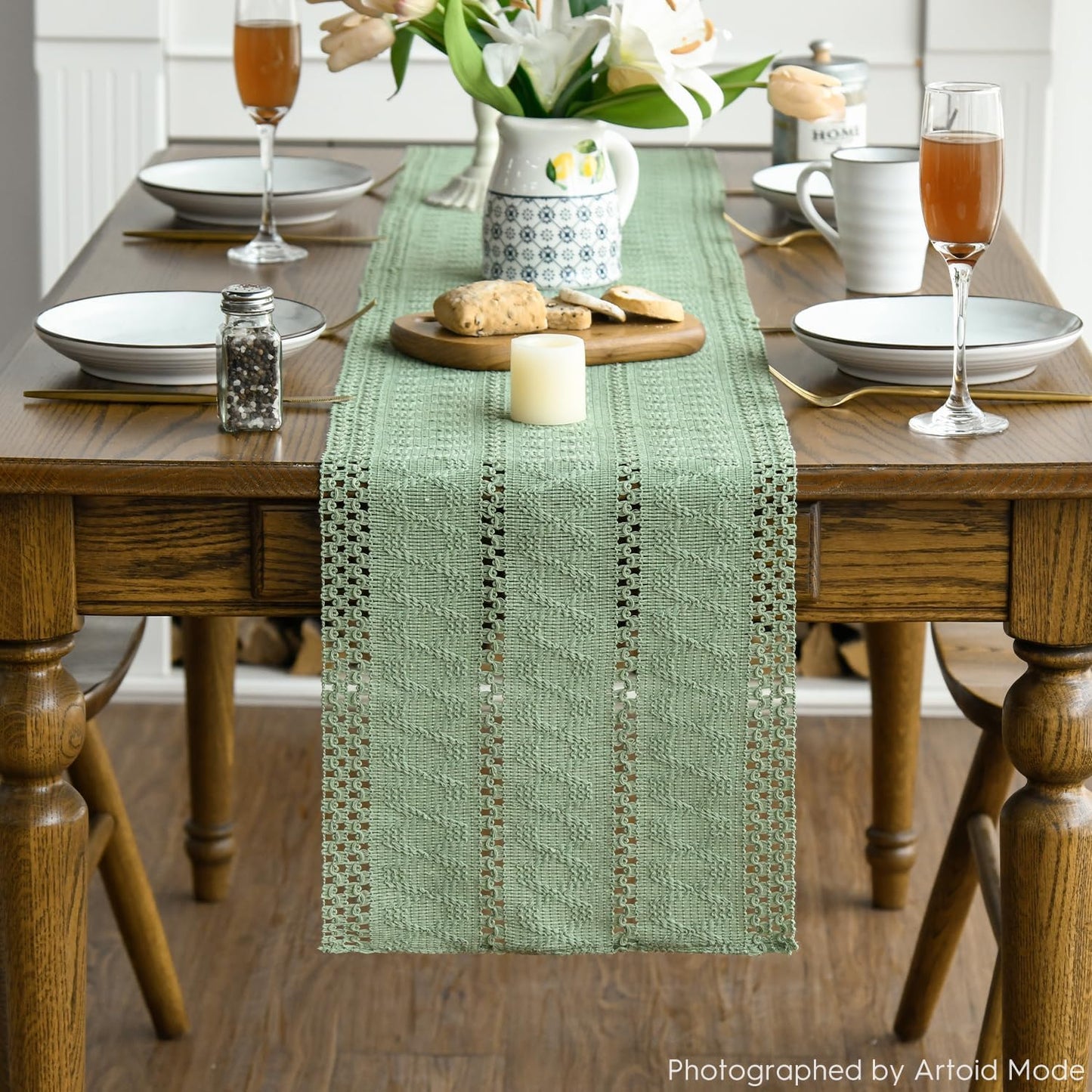 Artoid Mode Light Green Farmhouse Woven Rustic Hollow Table Runner, Seasonal Holiday Hollow Kitchen Dining Table Decoration for Home Party Decor 12x120 Inch