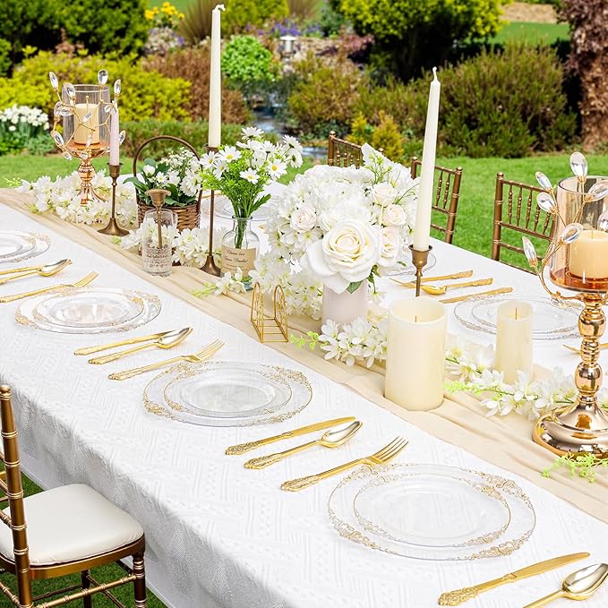 125PCS Clear Plastic Plates - Fancy Clear Gold Disposable Plates Include 25 Dinner Plates, 25 Dessert Plates, 75 Gold Plastic Silverware for 25 Guests for Wedding & Party
