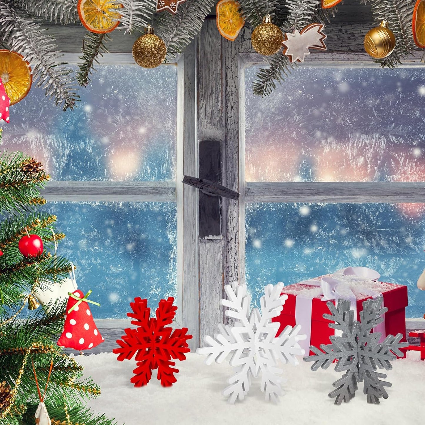 Qunclay 20 Pcs Wooden Snowflake Decorations 3D Snowflake Tabletop Decor Christmas Signs and Centerpiece for Winter Wonderland Decorations Xmas Tiered Tray Decor(Red, Gray, White)