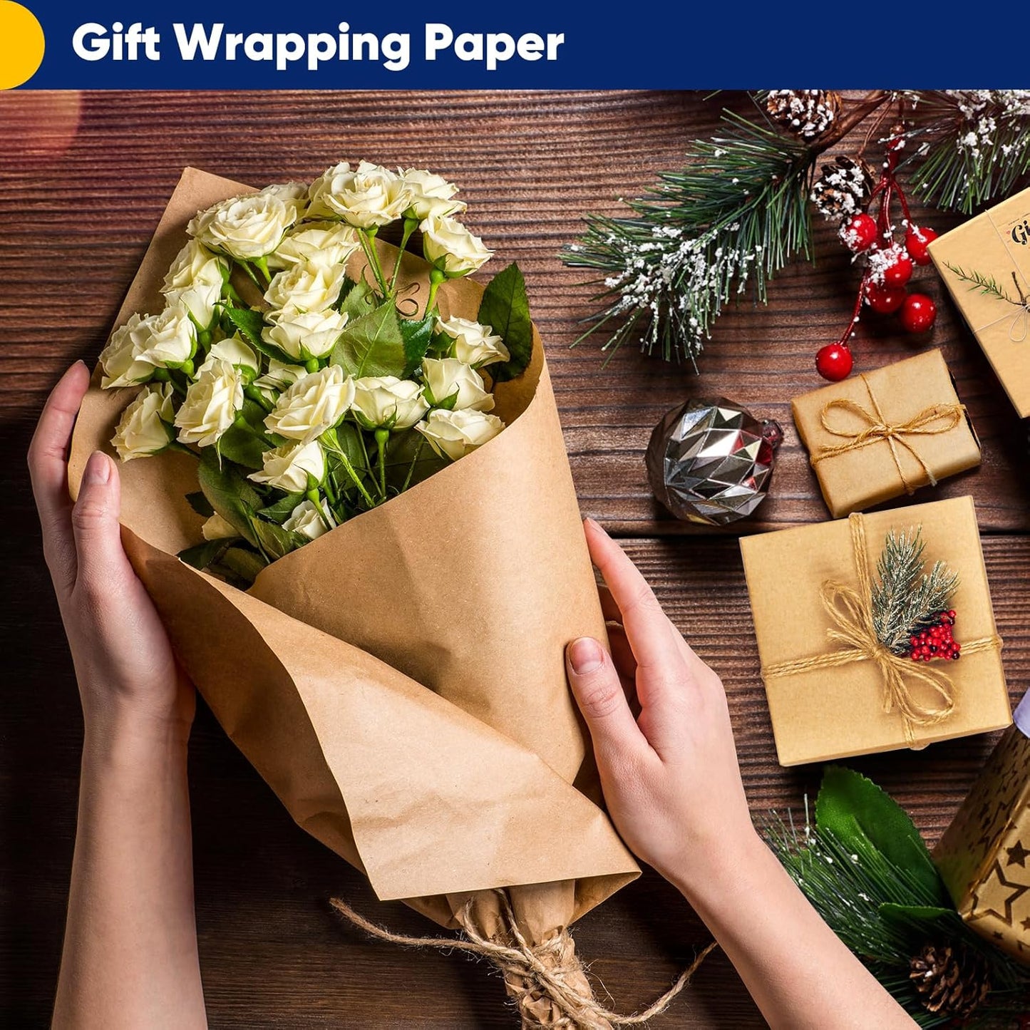 Vanhench Brown Kraft Paper Roll 17.5" x 600" (50') for Gift Wrapping Bulletin Board Paper, Kids Craft Supplies, Art Bouquet Flower Wrapping Paper, Poster Packing Shipping Moving Supplies