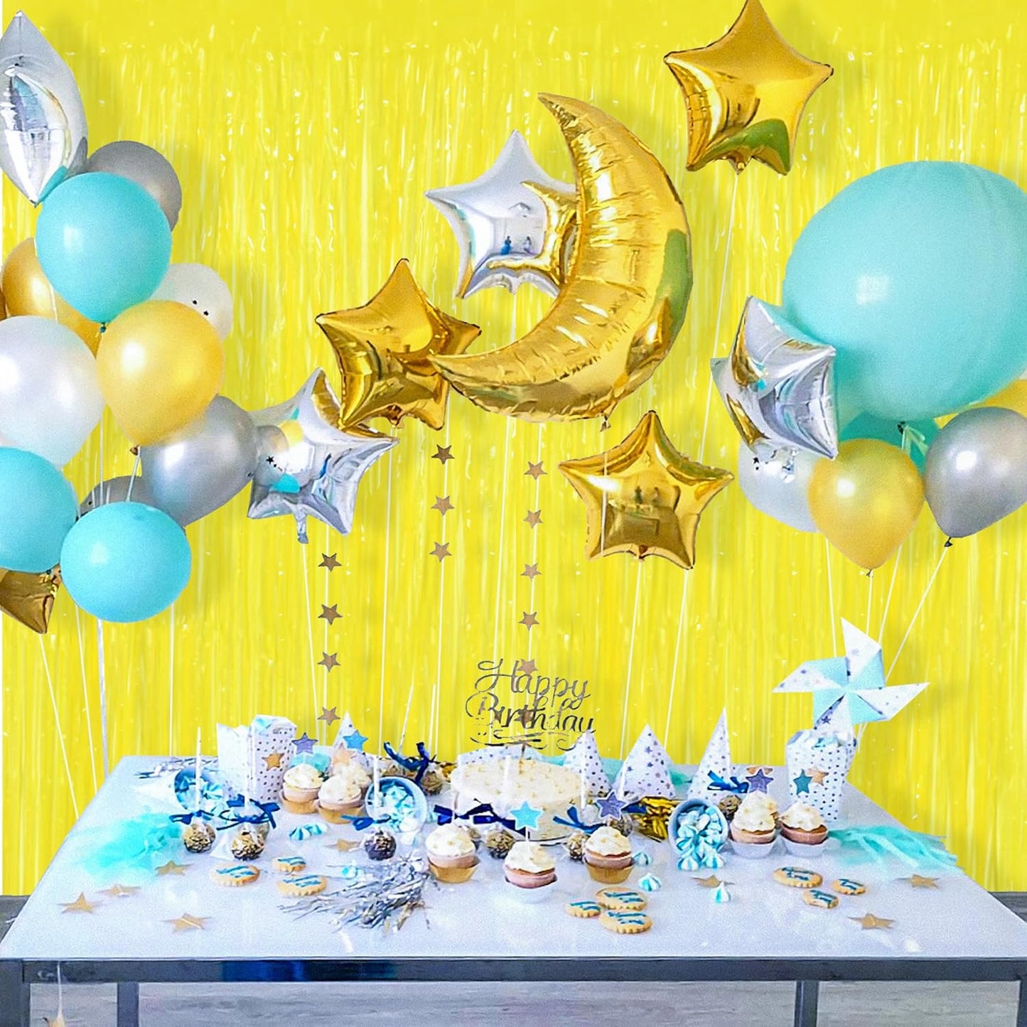 BEISHIDA 2Pcs Gold Door Streamer Fluorescent Gold Backdrop Blue Foil Fringe Curtains Tinsel for Birthday Baby Shower Halloween Backdrop Wedding Party Decoration (3.28 ft x 6.56 ft)