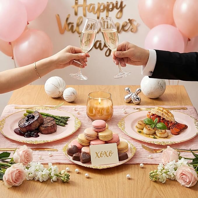 125PCS Pink and Gold Plastic Plates - Pink Disposable Plates - Vintage Plate with Gold Plastic Silverware Set for 25 Guests for Weddings Valentine's Day Parties
