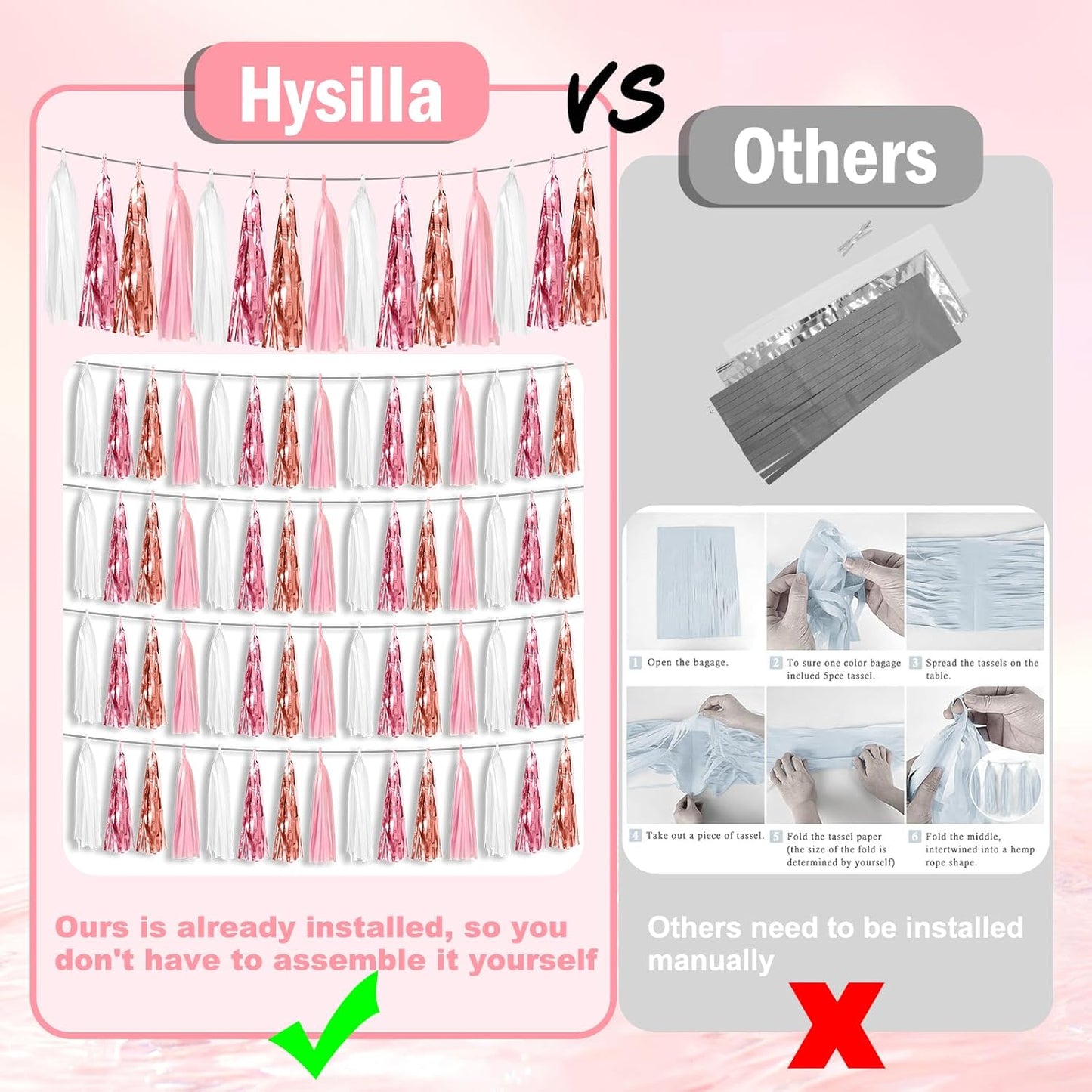 6P Pink White Peach Rose Gold Tassels Foil Fringe Metallic Garland Banner, Tassels Banner Streamers for Parade Floats, Bachelorette, Wedding, Birthday, Christmas, Bridal/Baby Shower Party Decorations