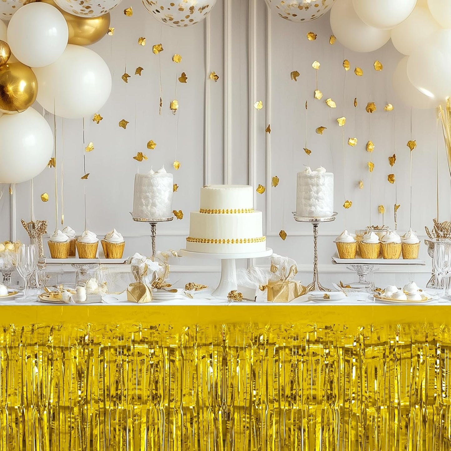 2 Pack Gold Table Skirts, 29x108" Metallic Foil Tinsel Fringe Table Skirts for Rectangle Tables Streamer Curtains Backdrop, Party Decorations for Birthdays Weddings Holidays