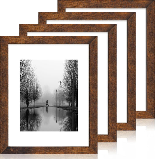 11x14 Picture Frame Set of 4 with Tempered Glass, Rustic Frame Display 8x10 Pictures with Mat or 11 x 14 Without Mat, Wooden Photo Frames for Wall Mounting