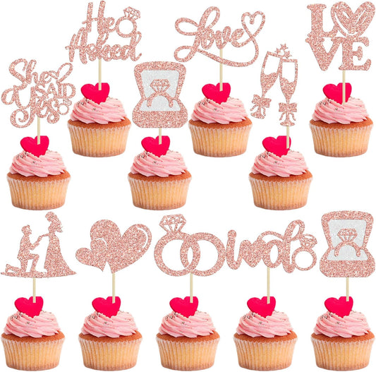 Ephlyn 30Pcs He Asked She Said Yes Cupcake Toppers Glitter Engagement Cupcake Toppers Diamond Ring Heart Love I Do Cupcake Picks for Engagement Wedding Party Cake Decorations Rose Gold