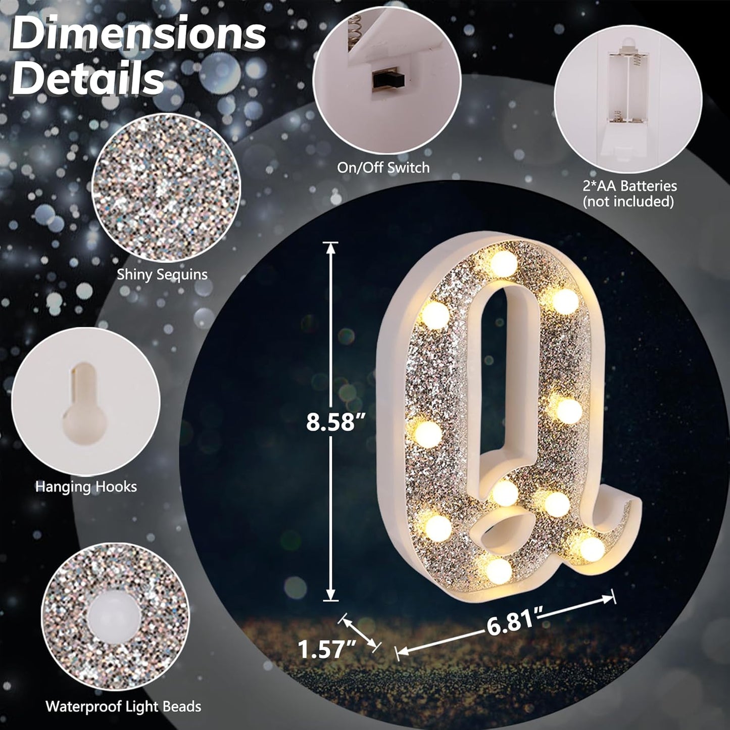 Marquee Light Up Letters, Glitter Silver LED Letter with Lights, Wedding, Birthday, Party, Cafe, Bar or Room Decor - Letter Q