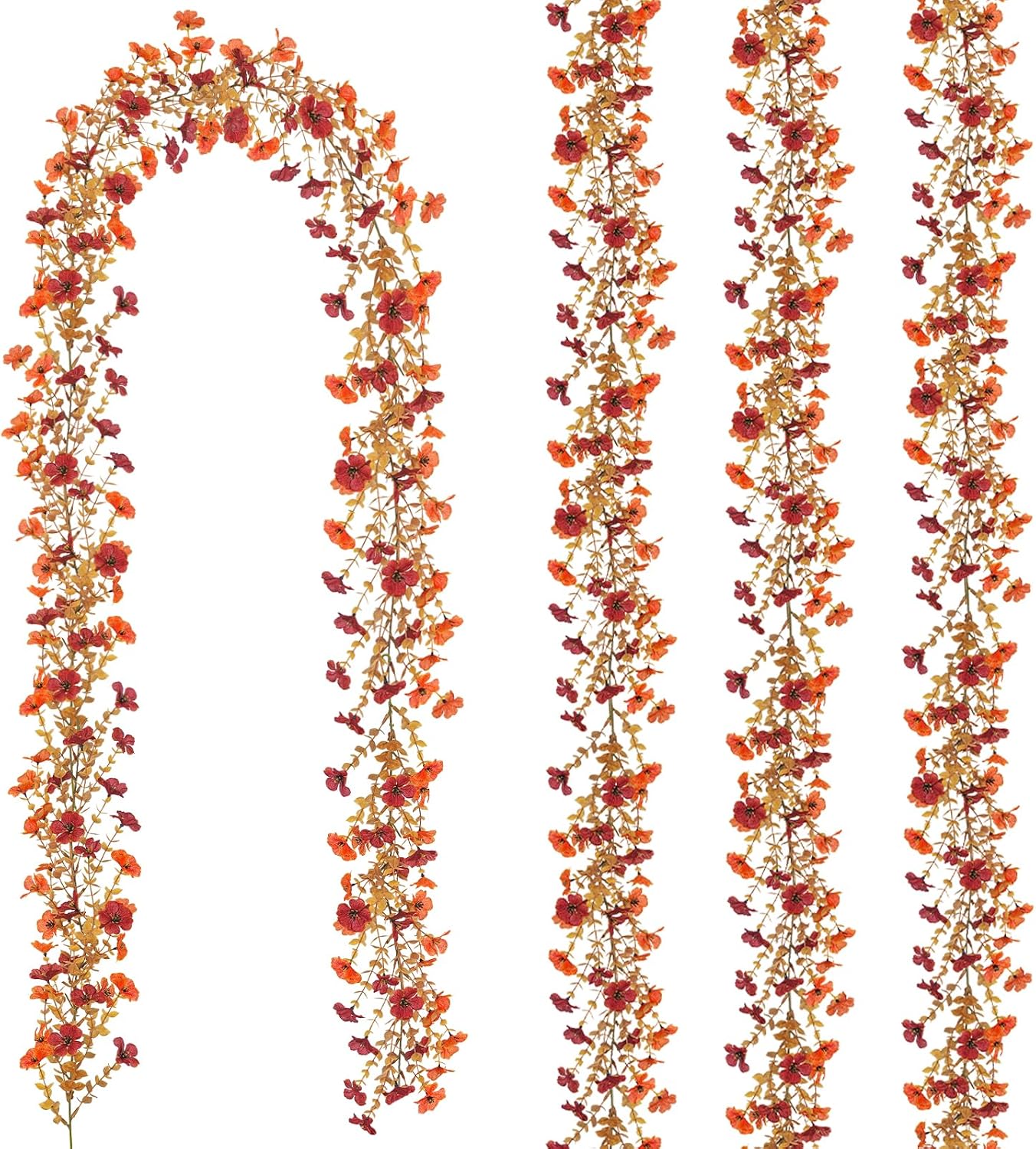 4 Pack Artificial Fall Flowers Garland, 6 FT Fall Decorations Fake Mums Floral Vines UV Resistant Faux Hanging Flower Ivy Garland for Home Party Table Wall Mantel Decor (Orange + Dark Red)