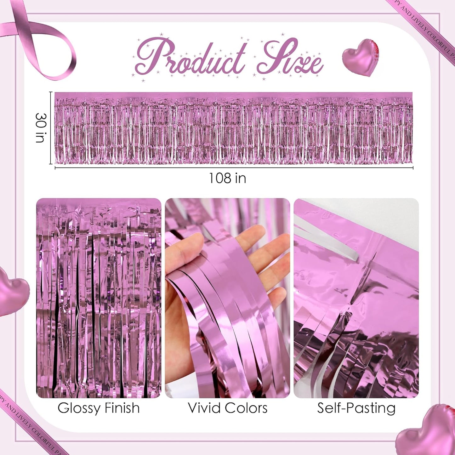 8 Pack Pink Table Skirts, 29x108" Metallic Foil Tinsel Fringe Table Skirts for Rectangle Tables Streamer Curtains Backdrop, Party Decorations for Birthdays Weddings Holidays