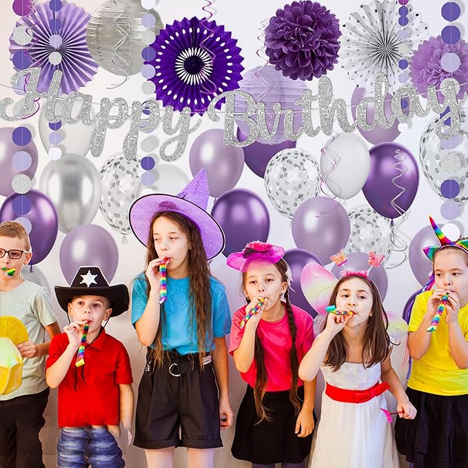 Purple Silver Birthday Party Decorations Kit with Happy Birthday Banner, Paper Lanterns, Streamers, Tissue Pom Poms, Honeycomb Flower Fans, Silver and Purple Balloons, & More for Women Girls' Party